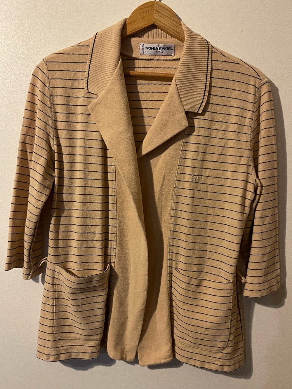 Vintage Sonia Rykiel Striped Open Front Cardigan Jacket Tan Black Size Medium